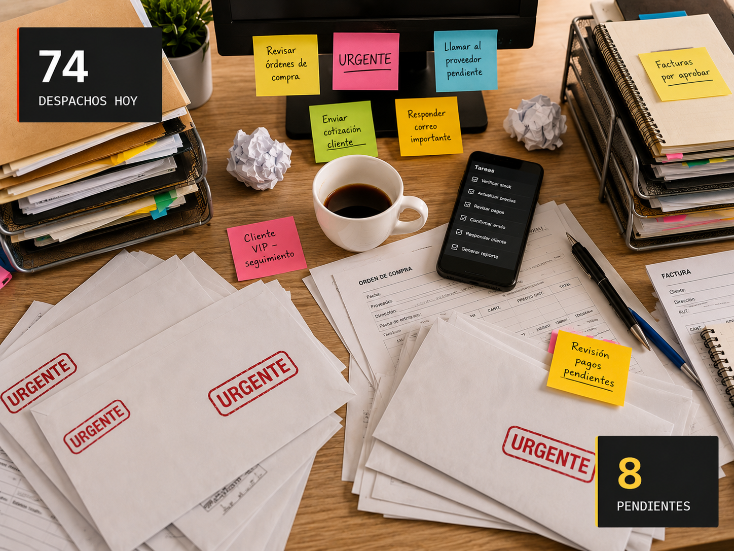 Mesa de trabajo con listas de pedidos, post-its y hojas impresas sin orden